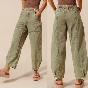 NEW - So Me Mineral Washed Light Olive Barrel Jeans